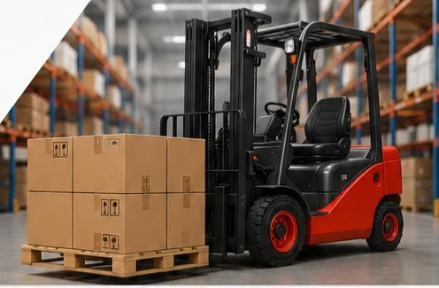 MAX Industrial Supplies forklift moving palletised cartons in a warehouse