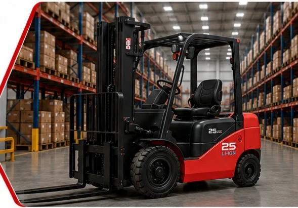 MAX 2.5 ton lithium-ion forklift in a warehouse aisle