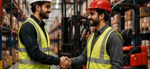 MAX engineer shaking hands with a warehouse customer