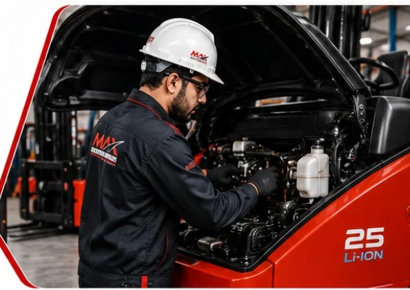 MAX technician servicing a lithium-ion forklift engine bay
