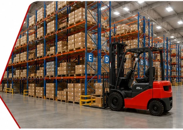 Warehouse selective pallet racking with a MAX forklift